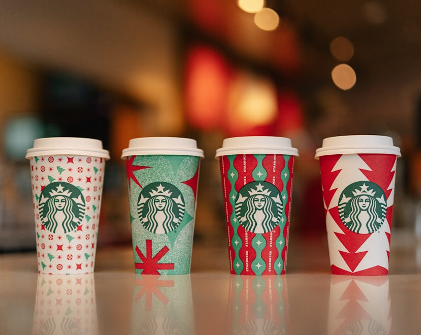 The Starbucks holiday drink menu will come served in four new red cups for the holidays.