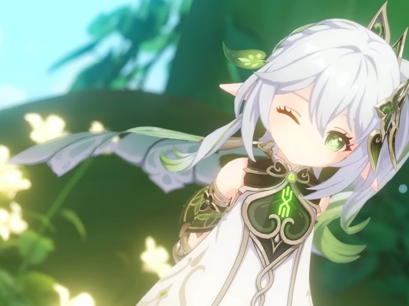 Nahida winking with arms behind back