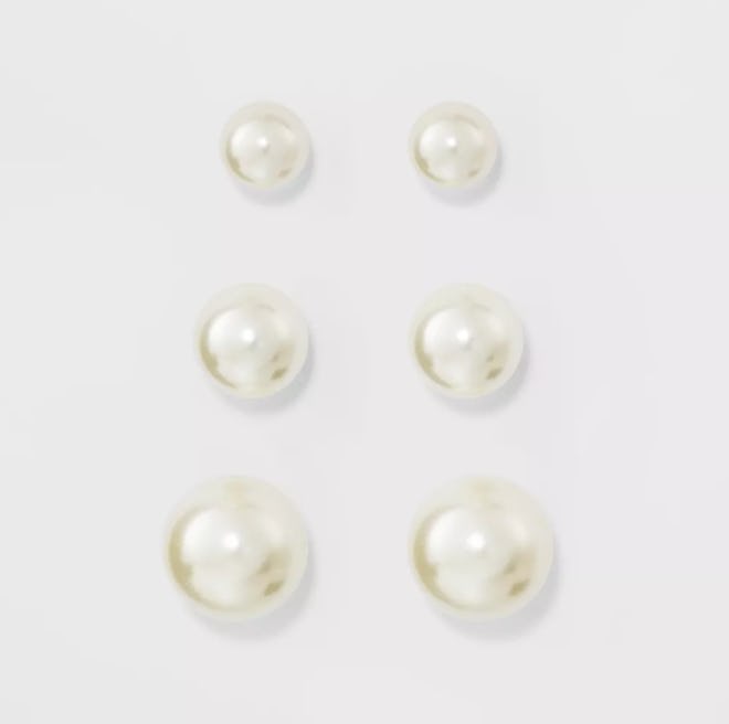 Silver Faux Pearl Stud Earring Set