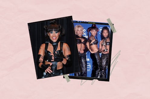Collage of Alex Scott as TLC’s Lisa ‘Left Eye’ Lopez in the No Scrubs video and the actual TLC membe…