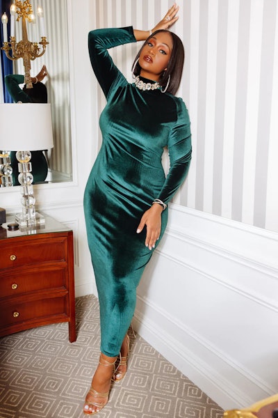 "Busy Being Me" Zippered Long Sleeve Velvet Maxi Dress for glam holiday party outfit idea