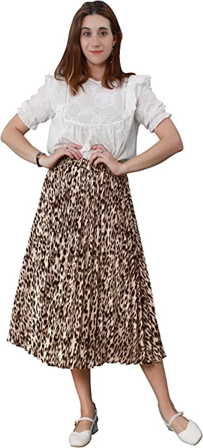 CHARTOU High Waisted Leopard Print Pleated Midi-Long Skirt