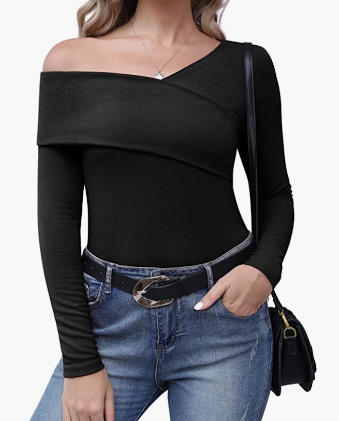 POKWAI Fall Long Sleeve Off the Shoulder Top