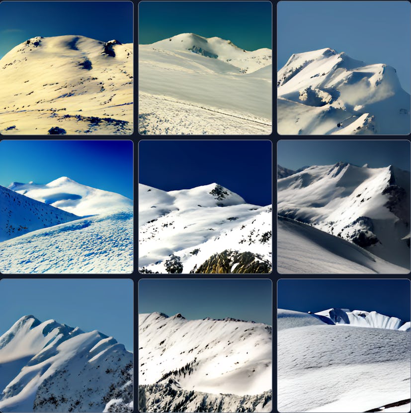 An image of a "snowy mountain" created by Craiyon.