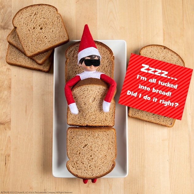 Another easy Elf on the Shelf idea for home is to tuck your Elf into "bread."