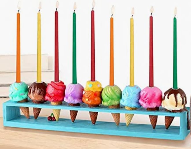 multicolored ice cream menorah in article about kid's menorahs
