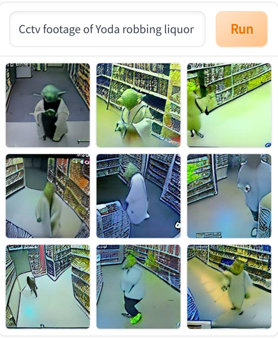 An image of Yoda robbing a liquor store created by DALL-E Mini