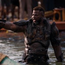 Winston Duke points as M'Baku in Black Panther: Wakanda Forever