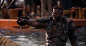 Winston Duke points as M'Baku in Black Panther: Wakanda Forever