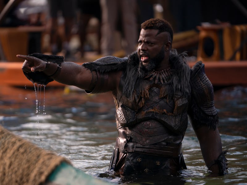 Winston Duke points as M'Baku in Black Panther: Wakanda Forever