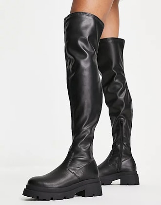 ASOS DESIGN Petite Kieran chunky flat over the knee boots in black