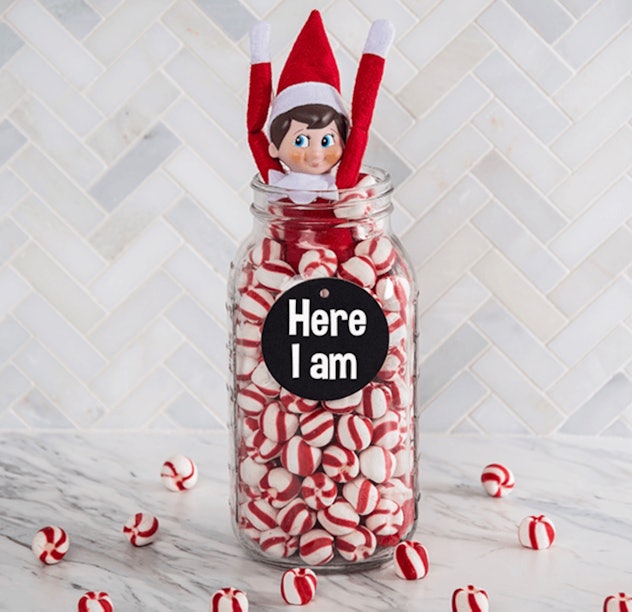 Elf on the Shelf in a jar of peppermint