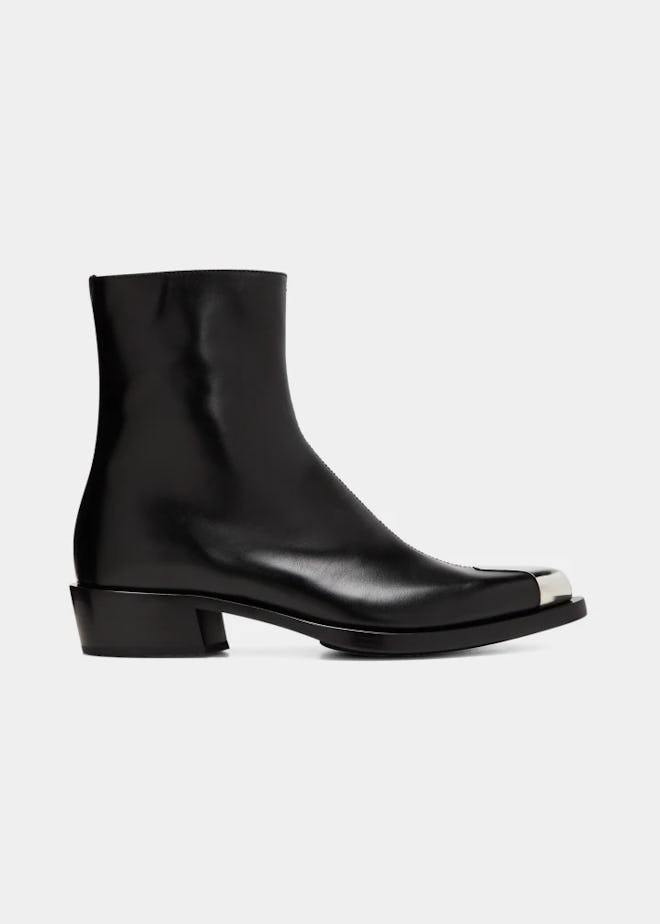 Alexander McQueen Metal Pointed Toe Leather Zip Ankle Boots