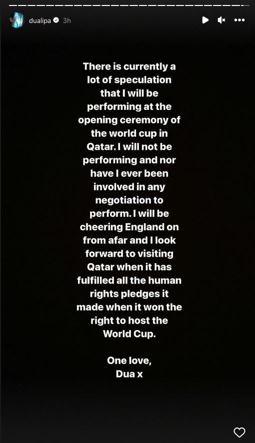 Dua Lipa shuts down speculation that she&rsquo;ll perform at the FIFA World Cup Qatar 2022 opening ceremon&hellip;
