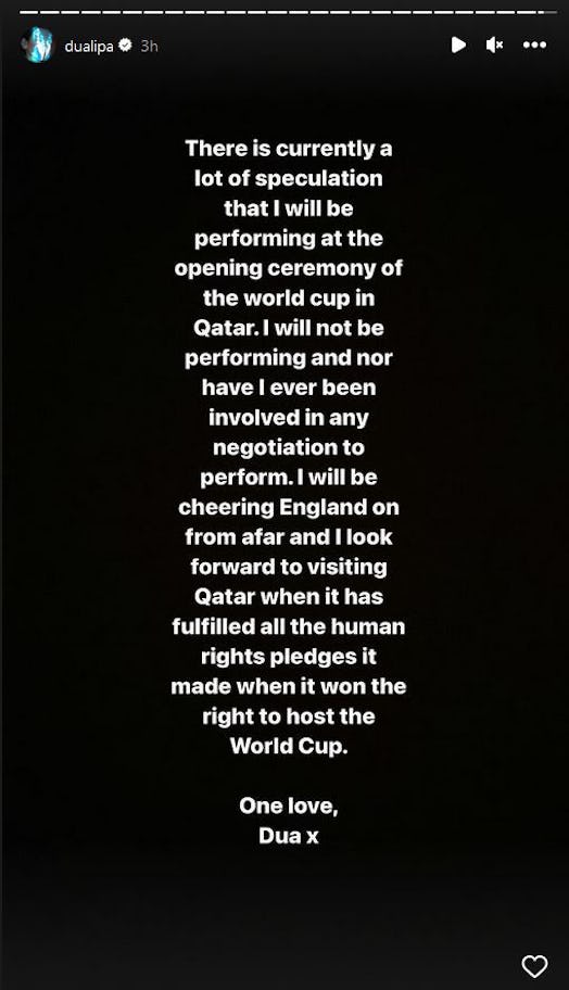 Dua Lipa shuts down speculation that she'll perform at the FIFA World Cup Qatar 2022 opening ceremon...