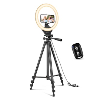For just $30, this phone tripod comes with a ring light, remote, and carrying bag.