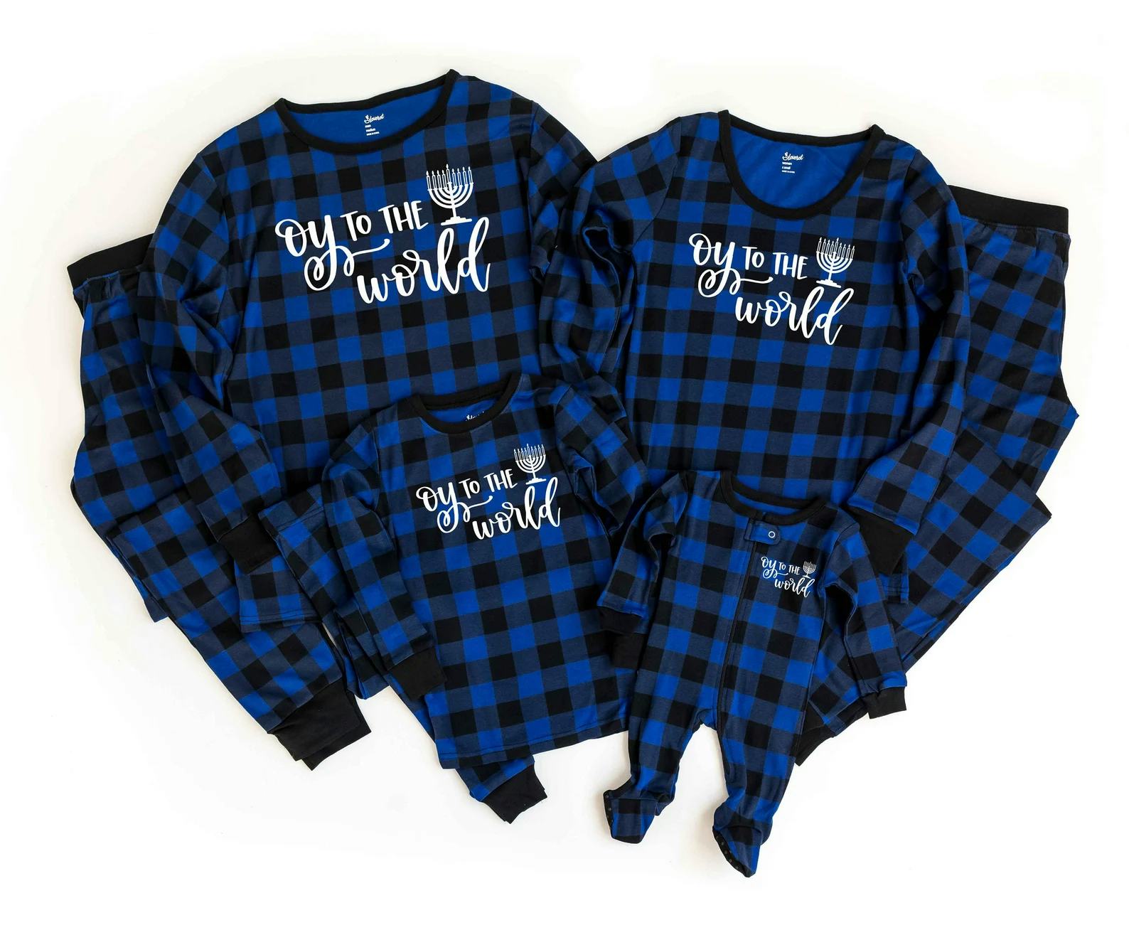 Oy to the World Blue Plaid Family Chanukah Pajamas, Hanukkah family pajamas