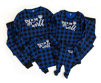 Oy to the World Blue Plaid Family Chanukah Pajamas, Hanukkah family pajamas