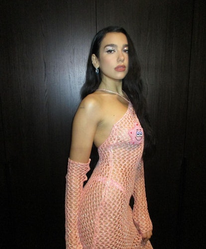 Dua lipa wearing a GCDS dress with Patrick Star from Spongebob on the chest 