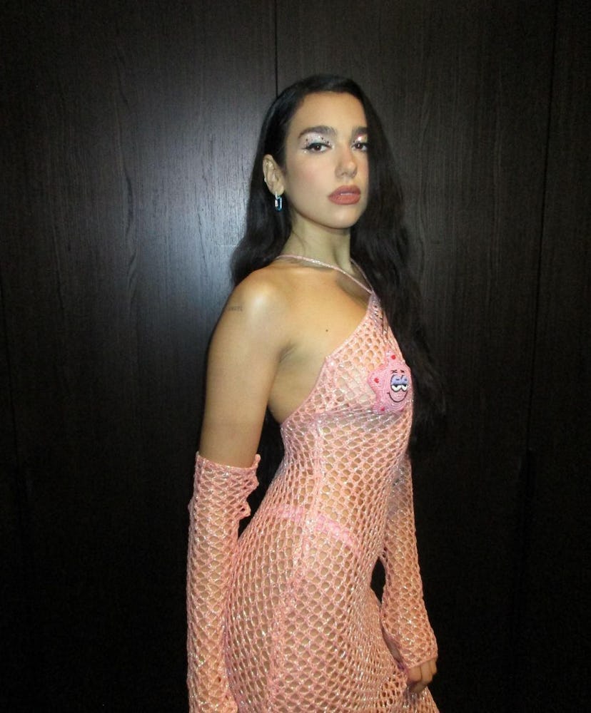 Dua lipa wearing a GCDS dress with Patrick Star from Spongebob on the chest