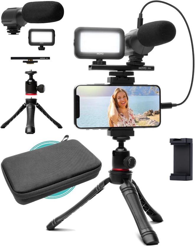This kit features an LED light, phone stand, microphone, and carrying case to help record any video.