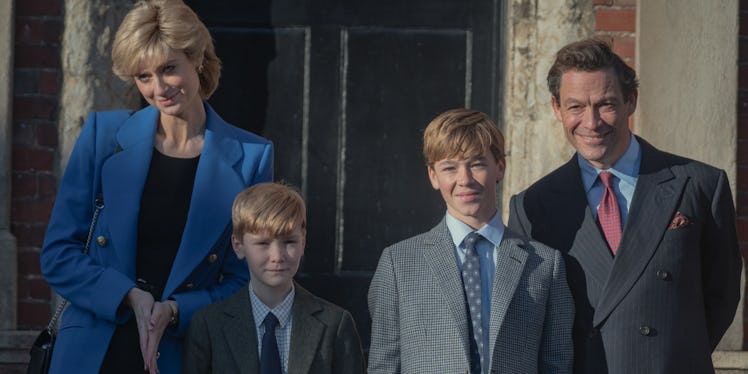 Elizabeth Debicki, Will Powell, Senan West, Dominic West as Diana, Harry, William, and Charles in Th...