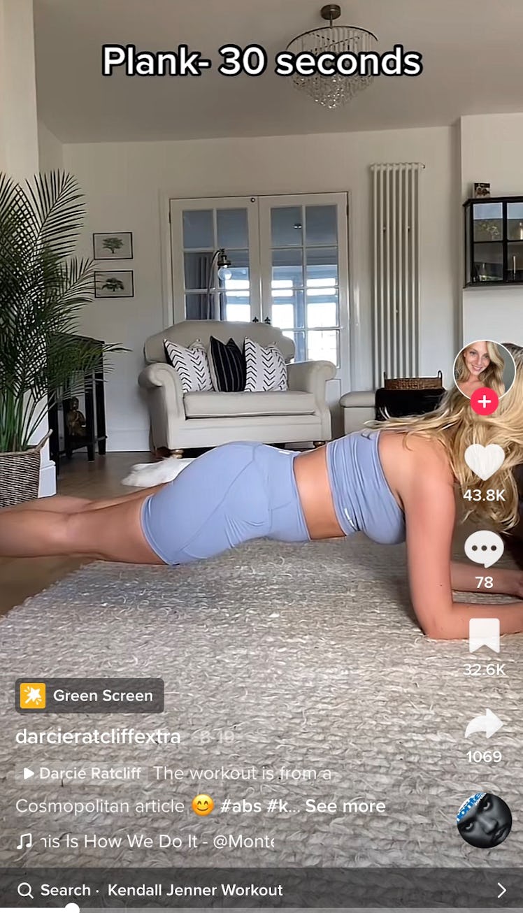 A TikToker does a plank as part of Kendall Jenner's 11-minute ab workout, according to TikTok. 