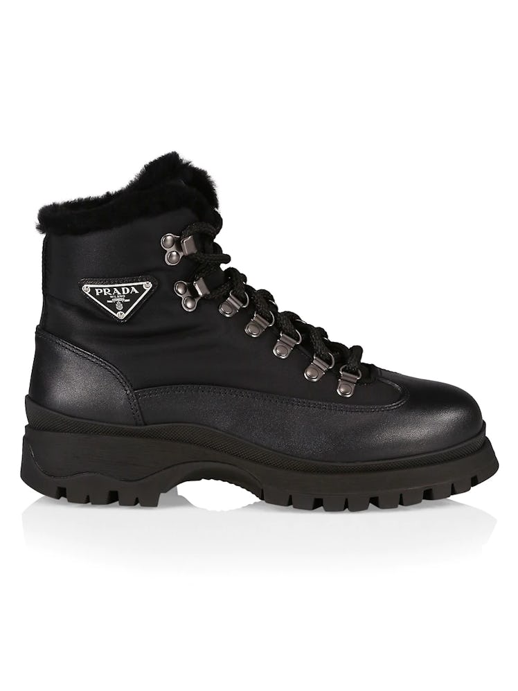 Prada Brixxen Leather & Nylon Shearling-Lined Boots