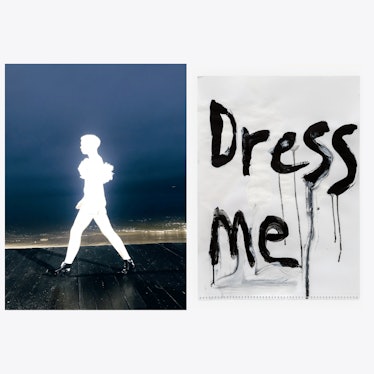 a glowing person walking a runway with the words dress me written on a page next to it