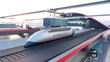 A rendering of the Hyperloop port concept from HyperloopTT that transports shipping containers.