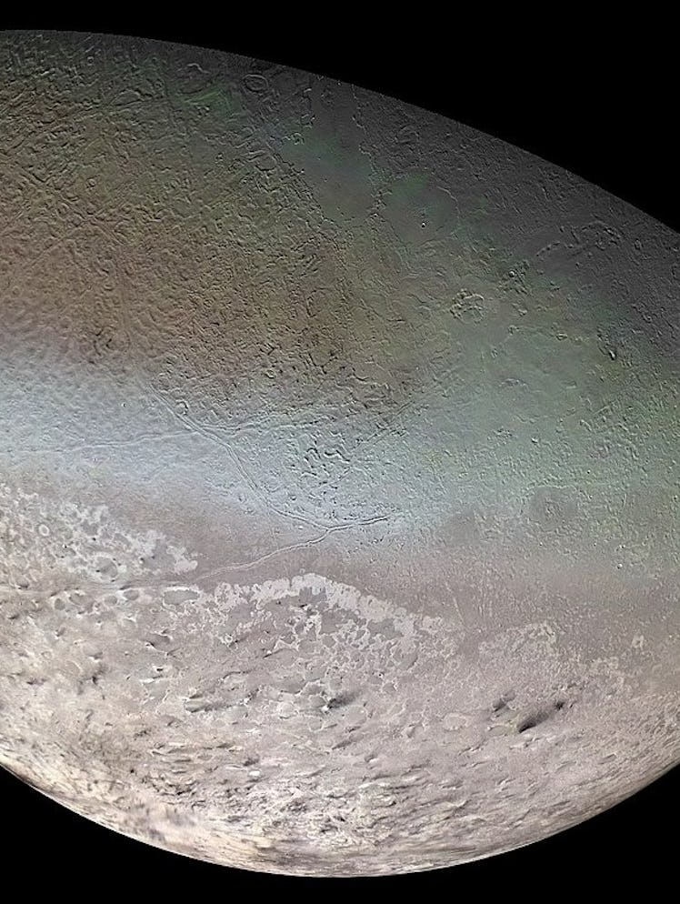 NASA’s Voyager 2 took this global color mosaic of Neptune’s largest moon, Triton, in 1989.