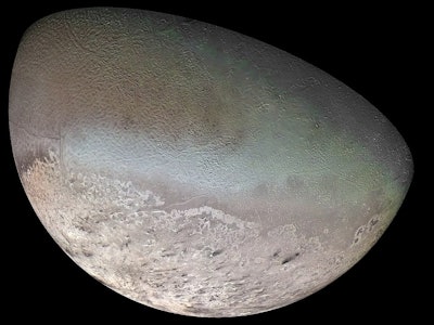NASA’s Voyager 2 took this global color mosaic of Neptune’s largest moon, Triton, in 1989.