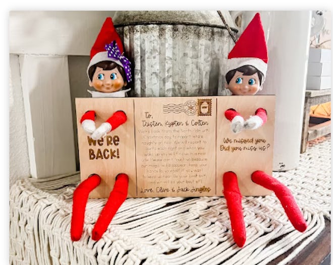 elf on a shelf rules, elves wearing wooden postcard