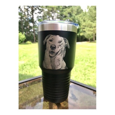 Unique gifts for mom include a custom photo engraved tumbler.
