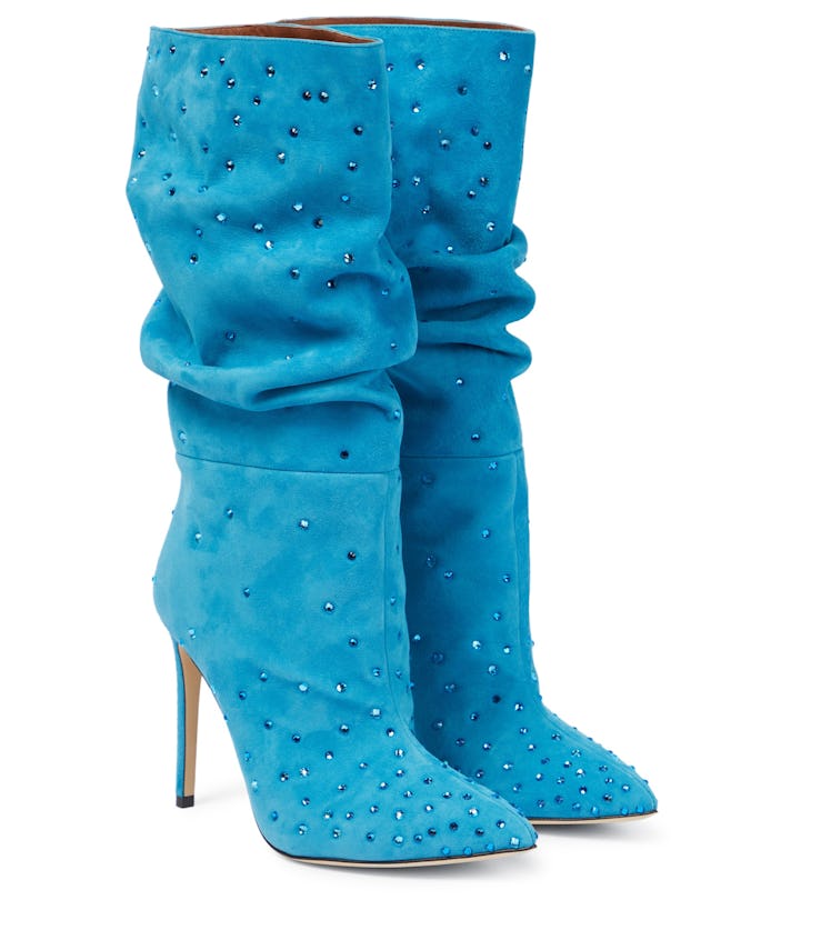 Paris Texas blue crystal bedazzled slouchy suede boots