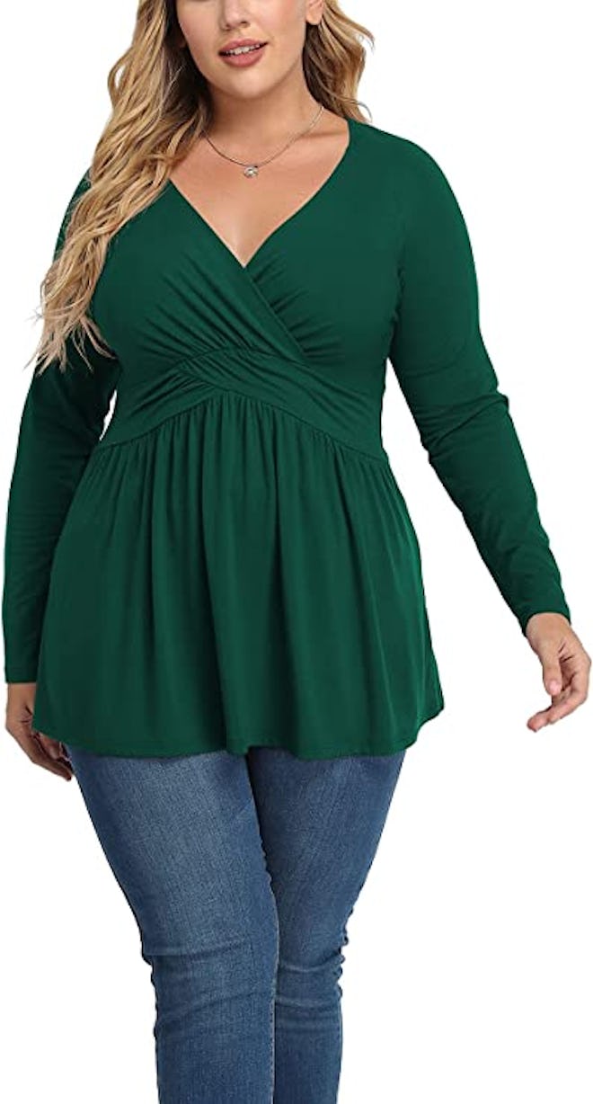 TIANZHU Pleated Casual V-Neck Tunic Top