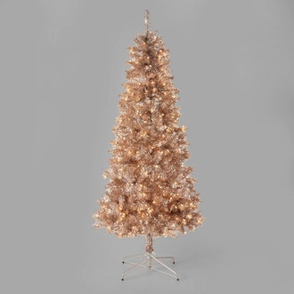 6.5-Foot Pre-Lit Rose Gold Tinsel Artificial Christmas Tree