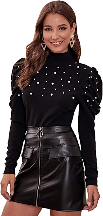 Romwe Puff Long Sleeve Stand Collar Pearl Blouse