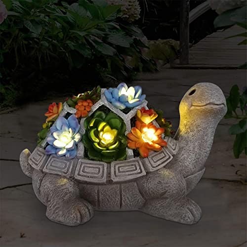 Nacome Solar Garden Statue Turtle Figurine with Succulent and 7 LED Lights - Outdoor Lawn Decor Gard...