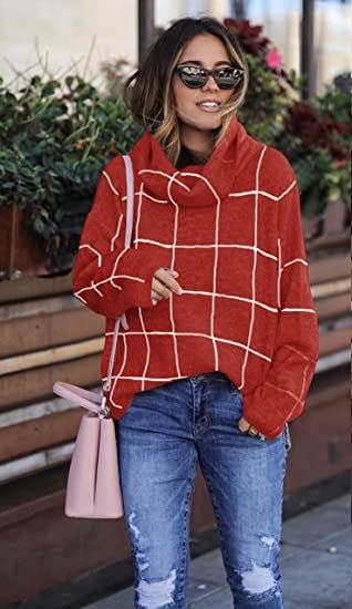 ECOWISH Turtleneck Plaid Pullover
