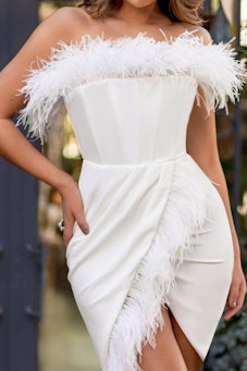 Dopamine dress for a NYE holiday by wearing White Bandeau Feather Corset Mini Dress With Feather Tri...