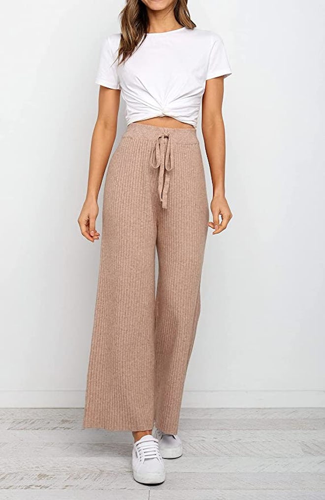 Waitfairy Rib Knit Wide Leg Drawstring Pants