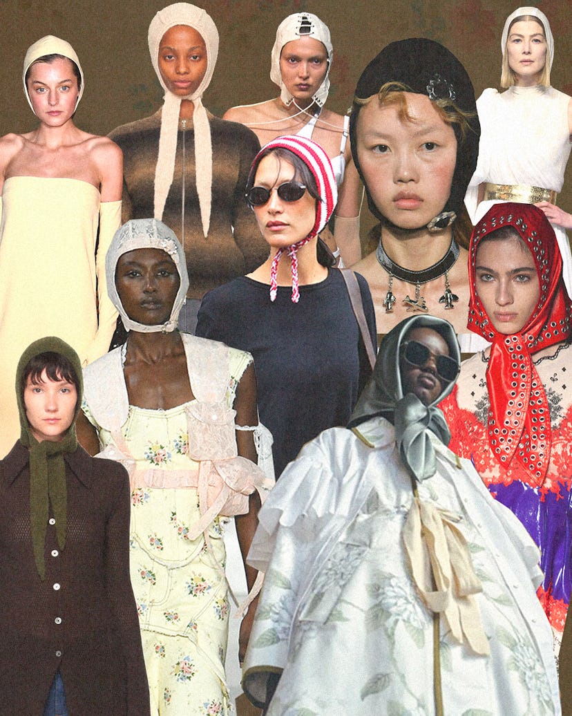 A collage of celebs and models alike wearing bonnets, the hottest new accesory