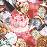 an abundant collage of food—ice cream, olive oil, cookies, cakes—drinks, and serving utensils.