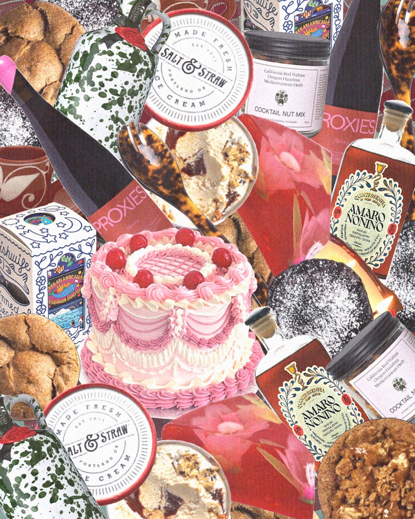 an abundant collage of food—ice cream, olive oil, cookies, cakes—drinks, and serving utensils.