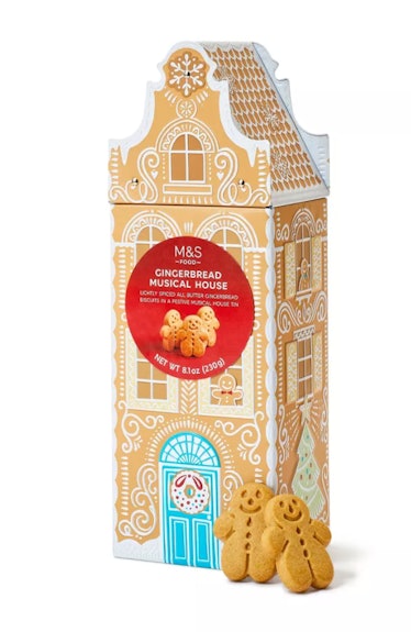Target's Marks & Spencer holiday treats include a musical gingerbread house tin.