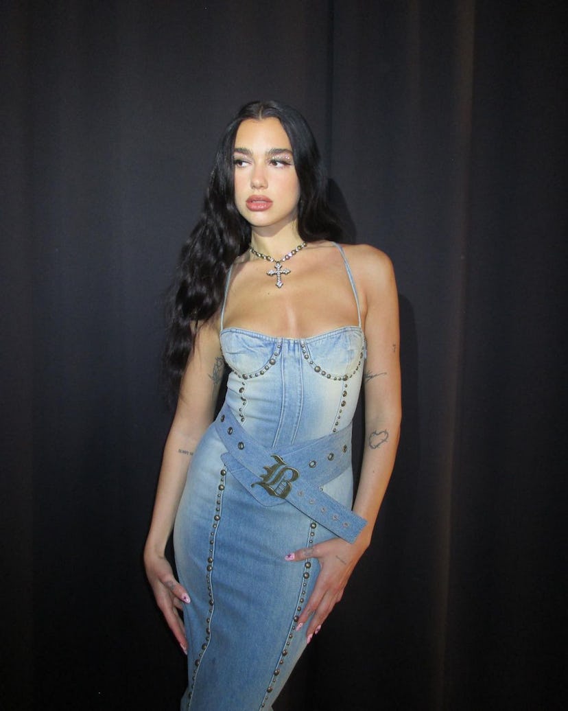 Dua Lipa in a denim Blumarine dress