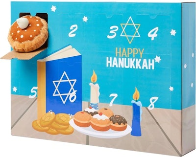 Hanukkah gift sets for dogs, like this box set, include cute themes toys, like a menorah and latke.