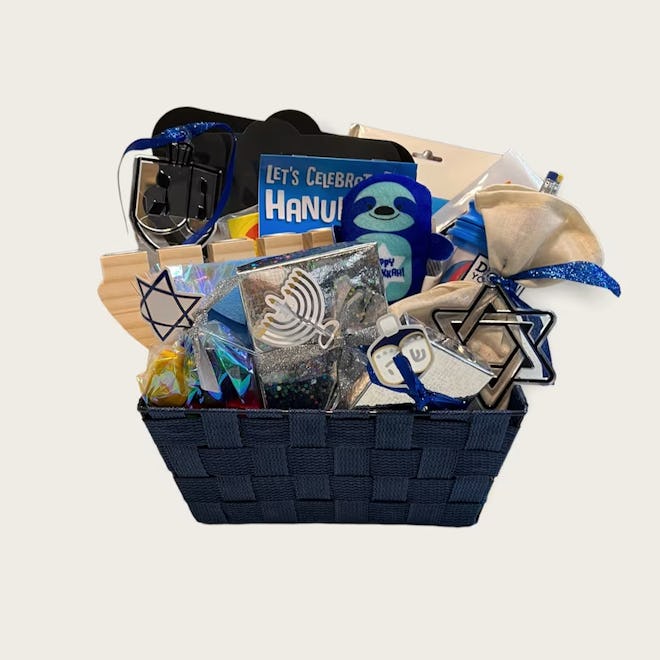 Hanukkah gift baskets can be broken down into eight smaller presents to give over the whole holiday.