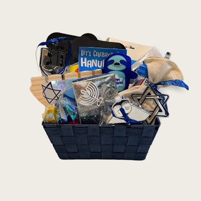 Hanukkah gift baskets can be broken down into eight smaller presents to give over the whole holiday.